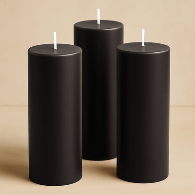 6-Pack Unscented Dripless Pillar Candles â€“ 3"x9" Black Paraffin Wax with Smokeless Cotton Wicks, Clean & Long-Lasting 90-Hour Burn