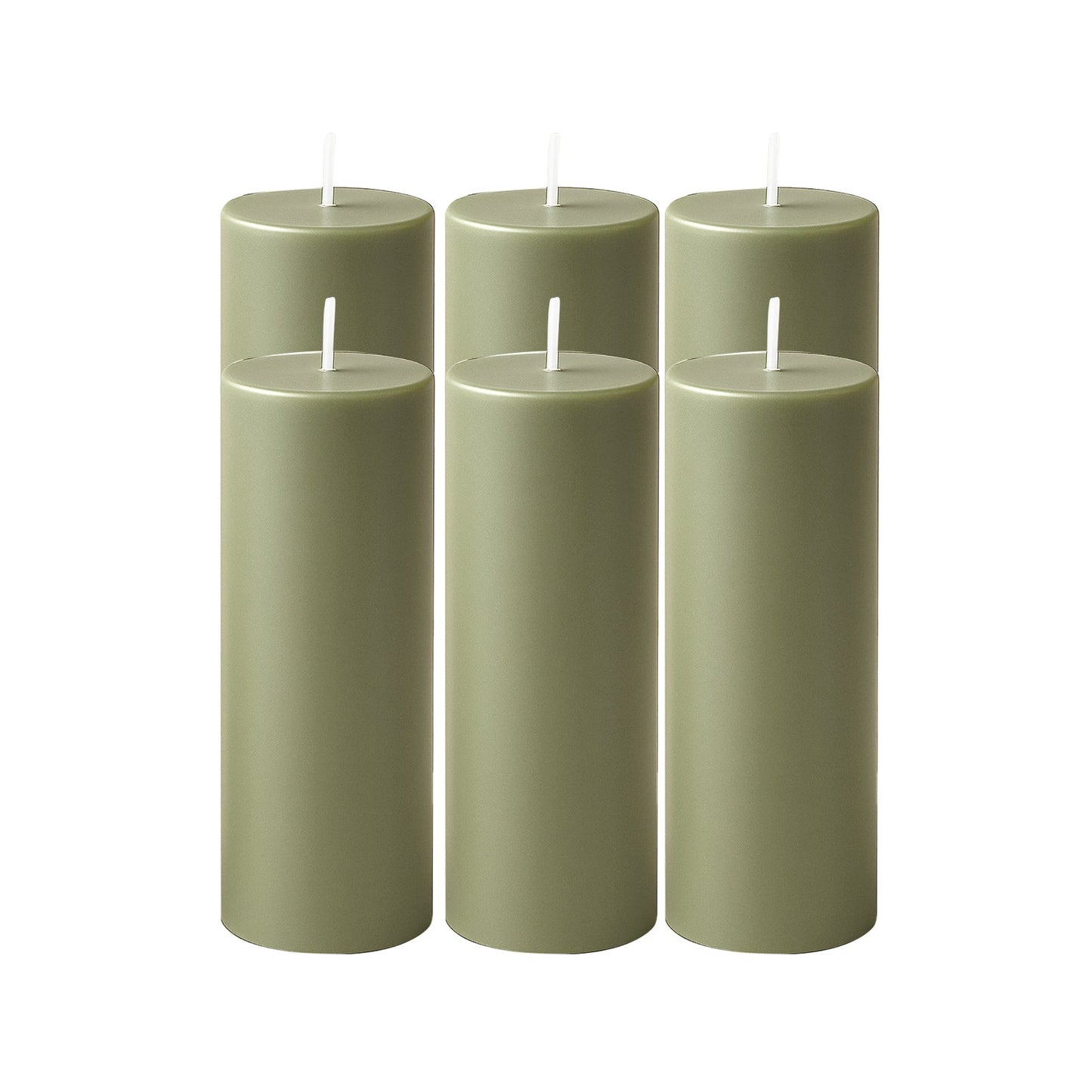 6-Pack Unscented Dripless Pillar Candles â€“ 3"x9" Dusty Sage Green Paraffin Wax with Smokeless Cotton Wicks, Clean & Long-Lasting 90-Hour Burn