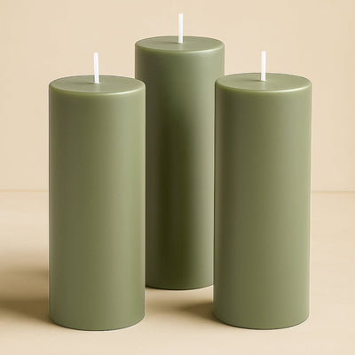 6-Pack Unscented Dripless Pillar Candles â€“ 3"x9" Dusty Sage Green Paraffin Wax with Smokeless Cotton Wicks, Clean & Long-Lasting 90-Hour Burn