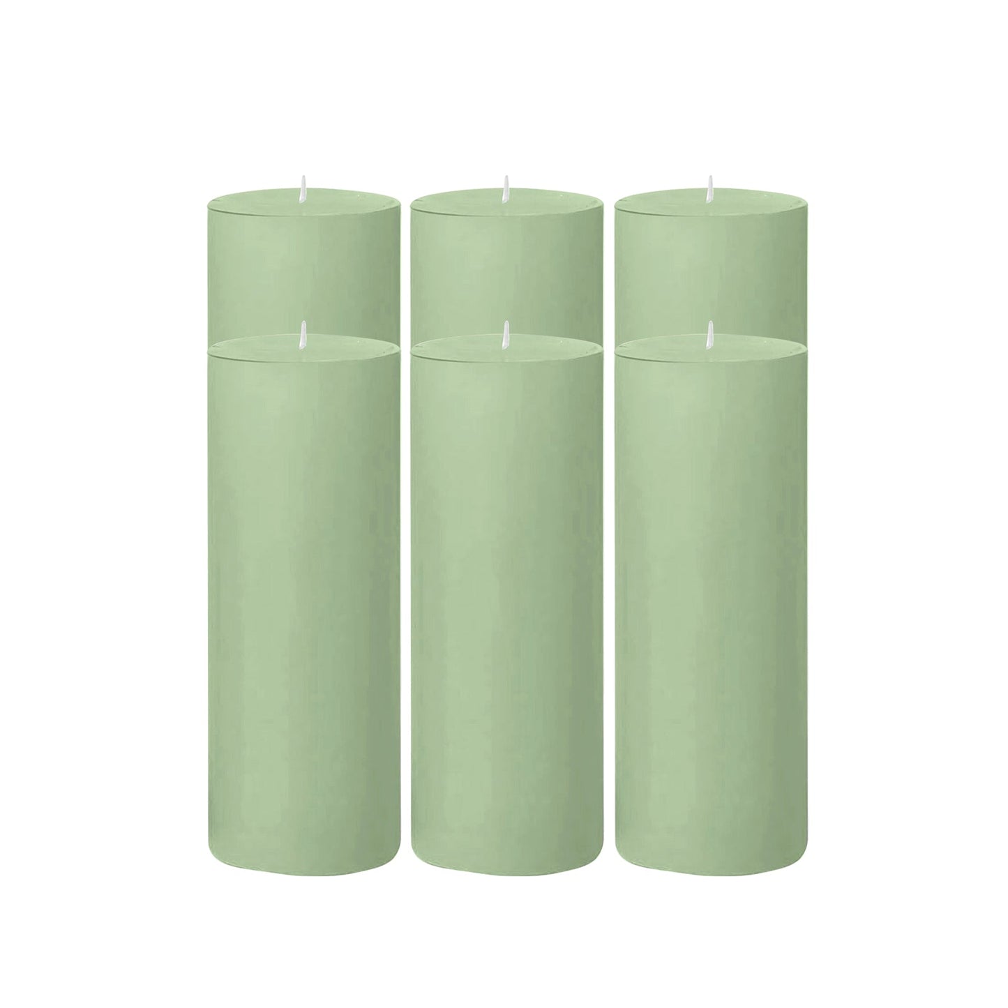6-Pack Unscented Dripless Pillar Candles â€“ 3"x9" Sage Green Paraffin Wax with Smokeless Cotton Wicks, Clean & Long-Lasting 90-Hour Burn