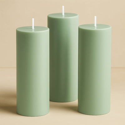 6-Pack Unscented Dripless Pillar Candles â€“ 3"x9" Sage Green Paraffin Wax with Smokeless Cotton Wicks, Clean & Long-Lasting 90-Hour Burn