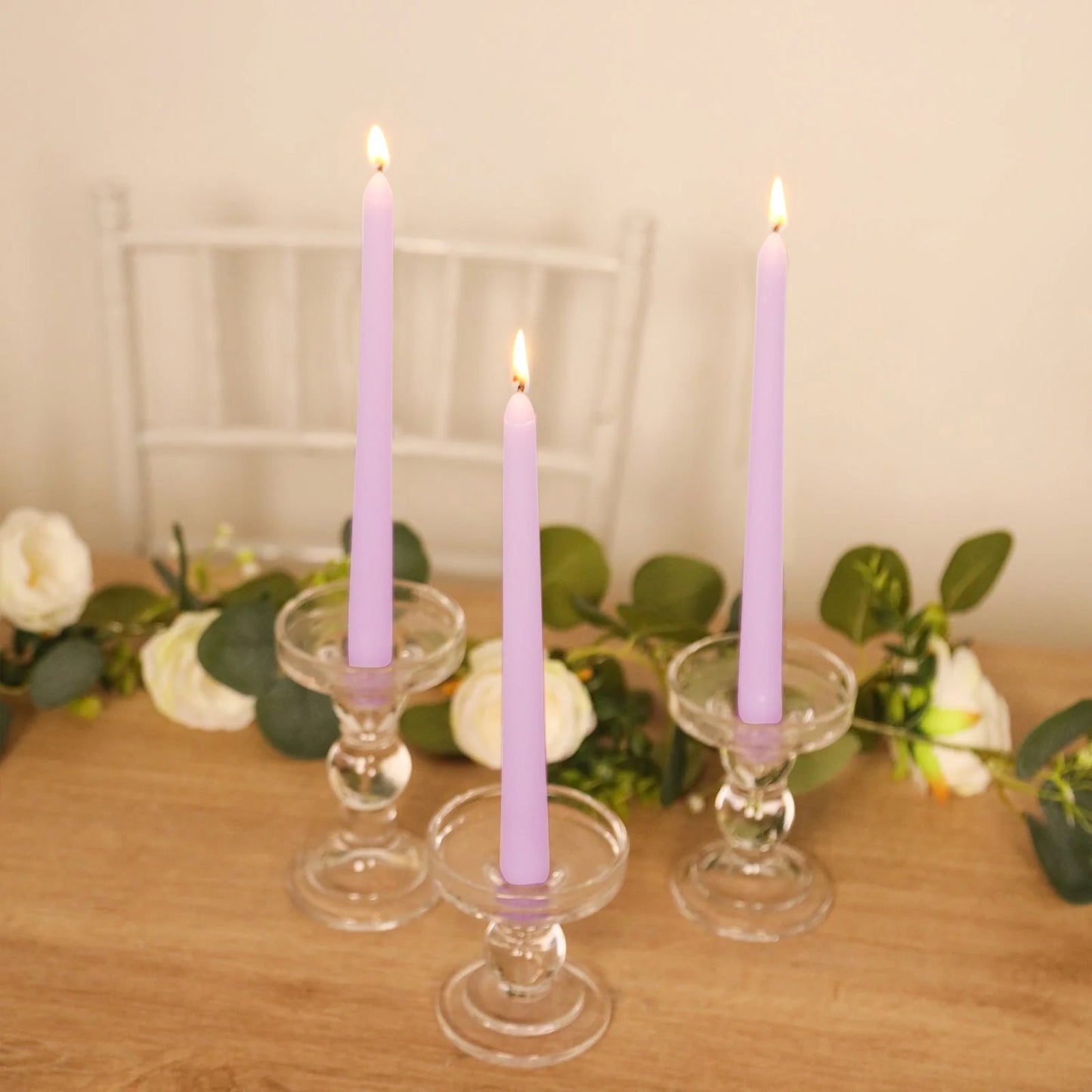 10-Pack Taper Candles Premium Wax Design Lavender Lilac - Unscented Candles for Upscale Settings 10"