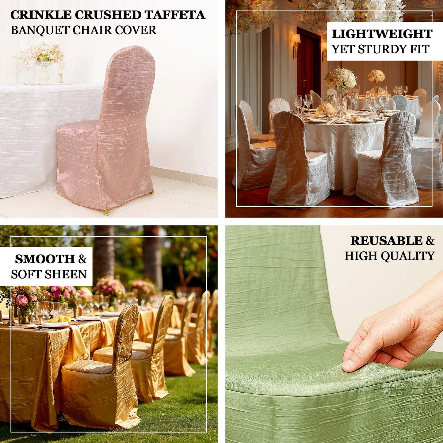Crinkle Crushed Taffeta Chair Cover for Banquet Chairs Black - Reusable Slipcover