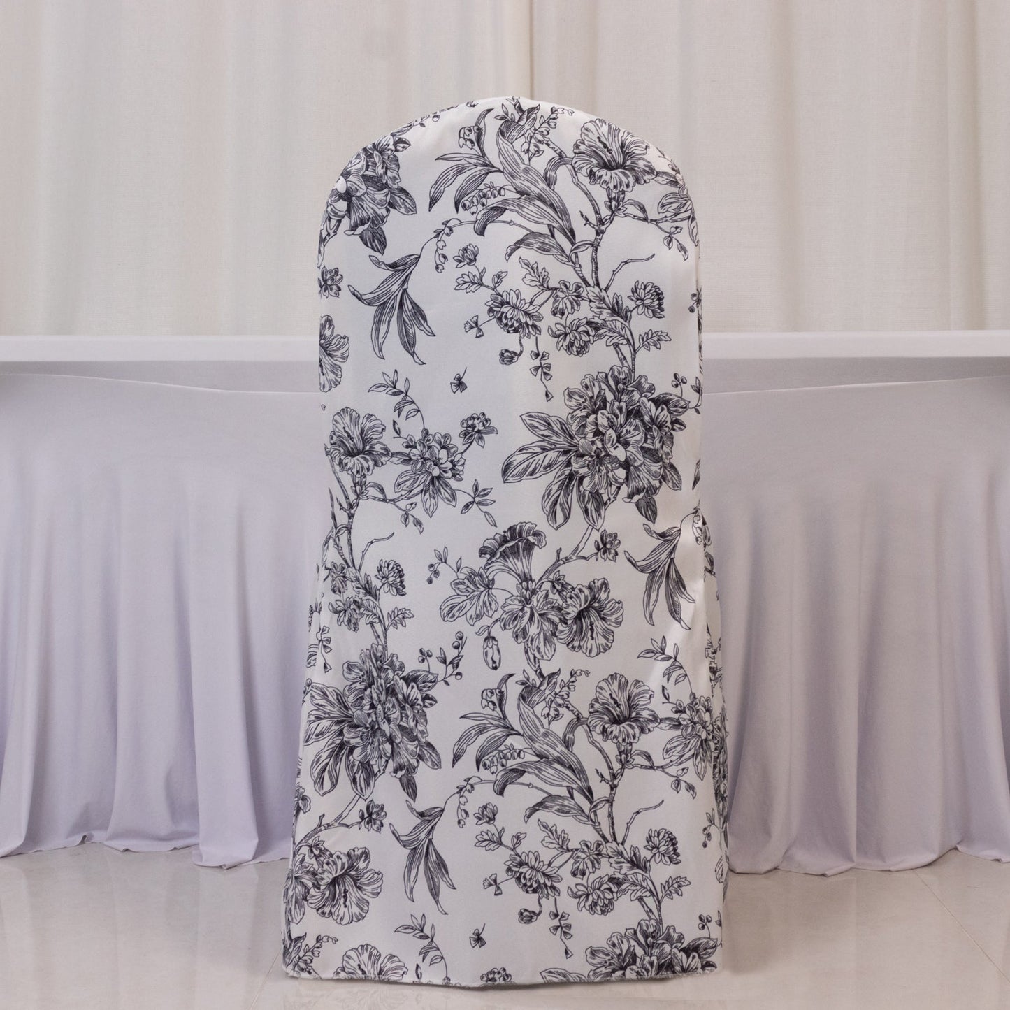 10 Pack Polyester Chair Covers  for Banquet Chairs â€“ White Black French Toile Pattern, Reusable Stain-Resistant Slip-On Slipcovers