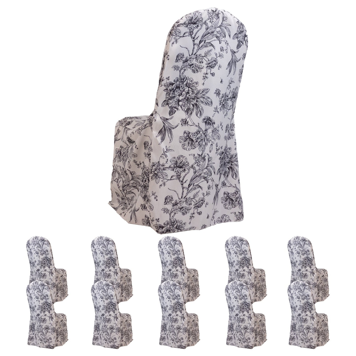 10 Pack Polyester Chair Covers  for Banquet Chairs â€“ White Black French Toile Pattern, Reusable Stain-Resistant Slip-On Slipcovers