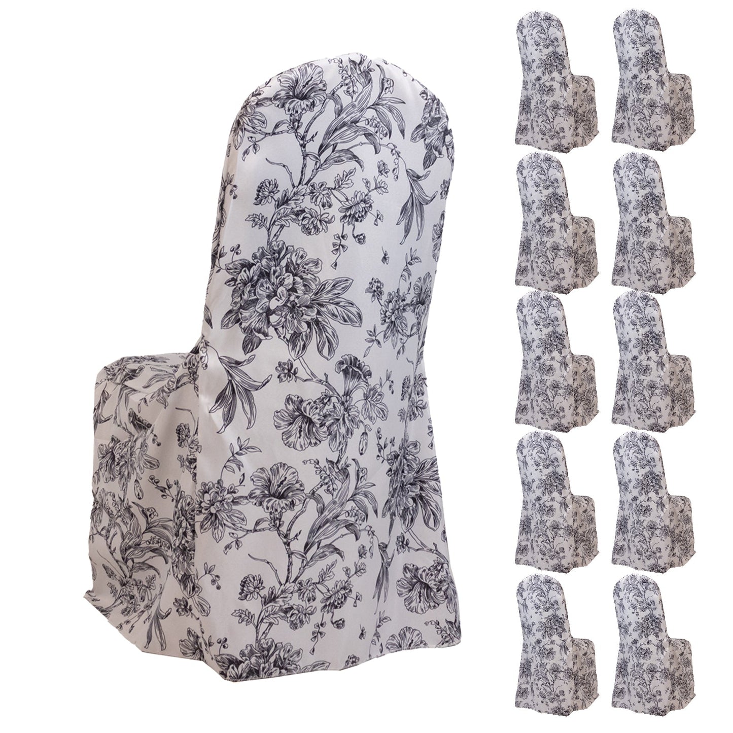 10 Pack Polyester Chair Covers  for Banquet Chairs â€“ White Black French Toile Pattern, Reusable Stain-Resistant Slip-On Slipcovers