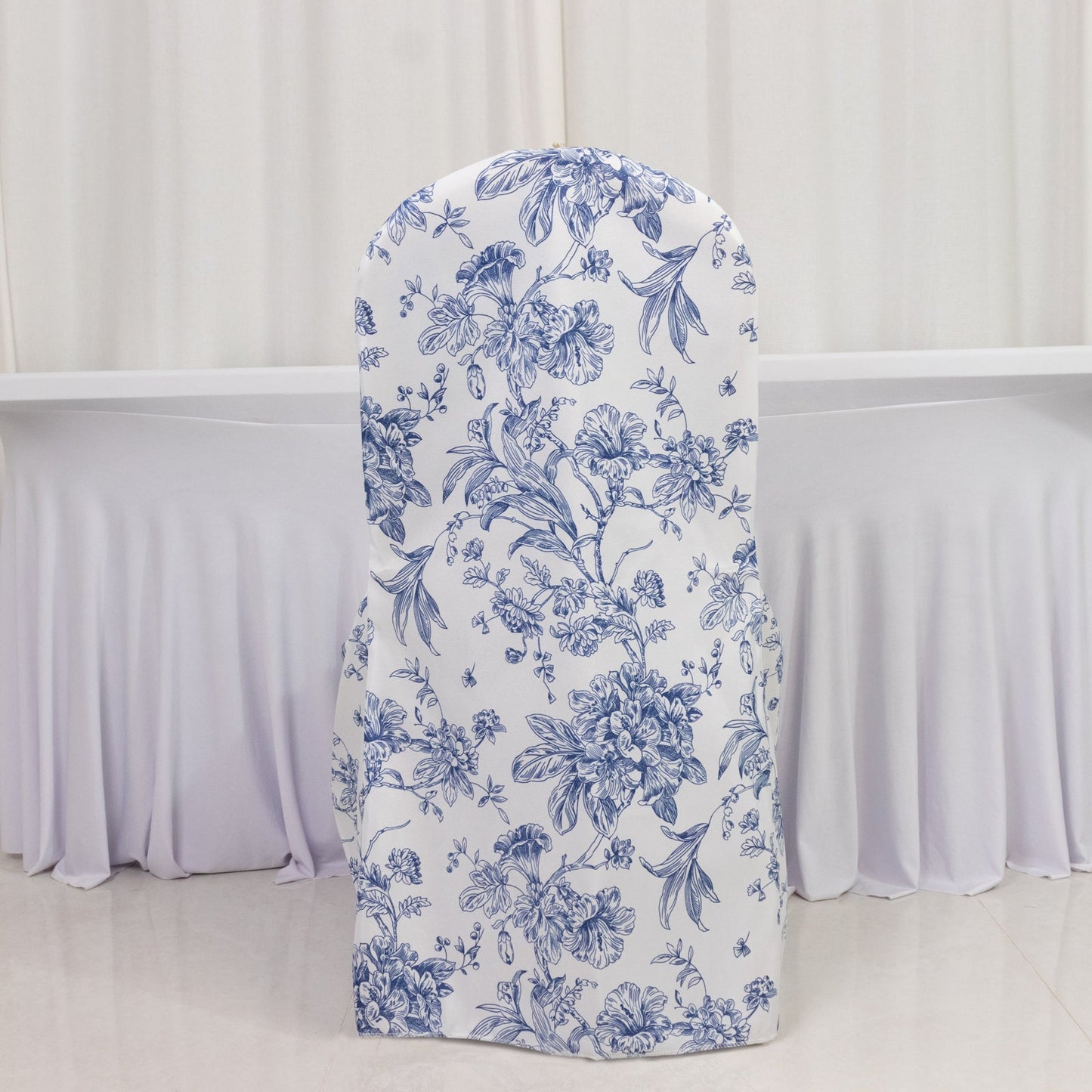 10 Pack Polyester Chair Covers  for Banquet Chairs â€“ White Blue French Toile Pattern, Reusable Stain-Resistant Slip-On Slipcovers