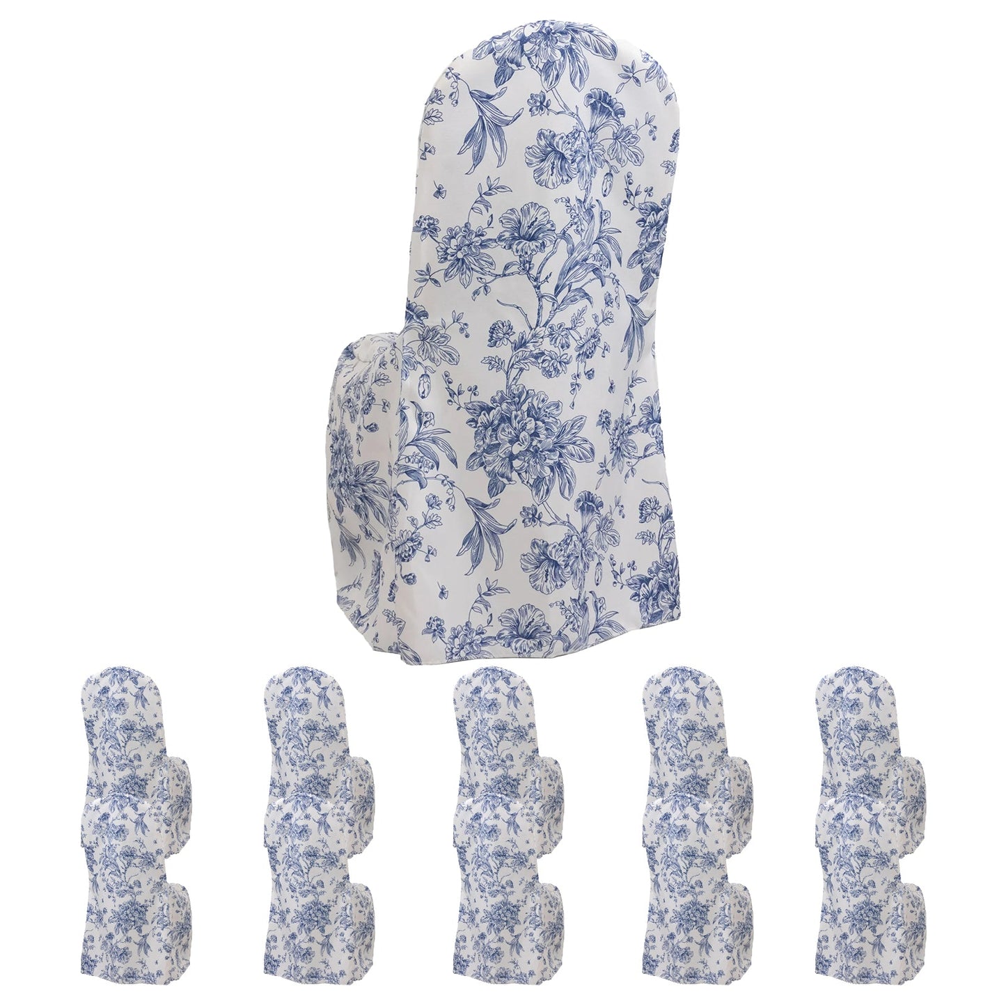 10 Pack Polyester Chair Covers  for Banquet Chairs â€“ White Blue French Toile Pattern, Reusable Stain-Resistant Slip-On Slipcovers