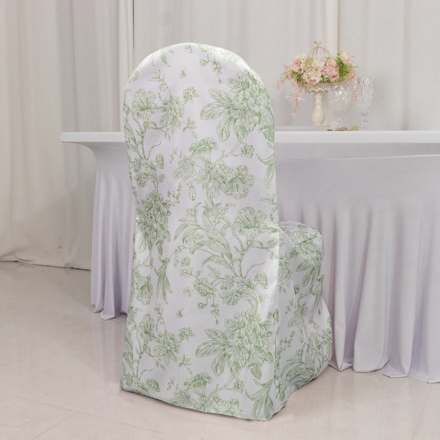 10 Pack Polyester Chair Covers  for Banquet Chairs â€“ White Dusty Sage Green French Toile Pattern, Reusable Stain-Resistant Slip-On Slipcovers