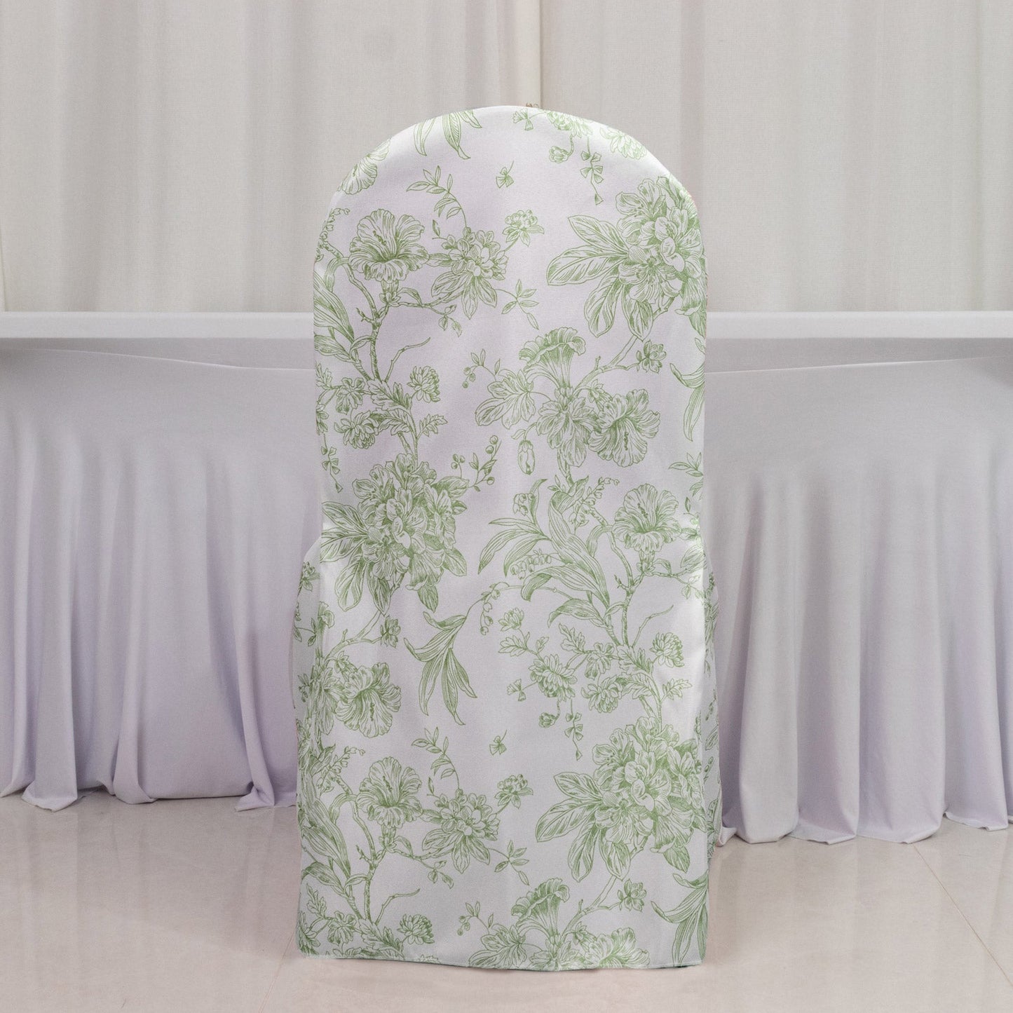 10 Pack Polyester Chair Covers  for Banquet Chairs â€“ White Dusty Sage Green French Toile Pattern, Reusable Stain-Resistant Slip-On Slipcovers