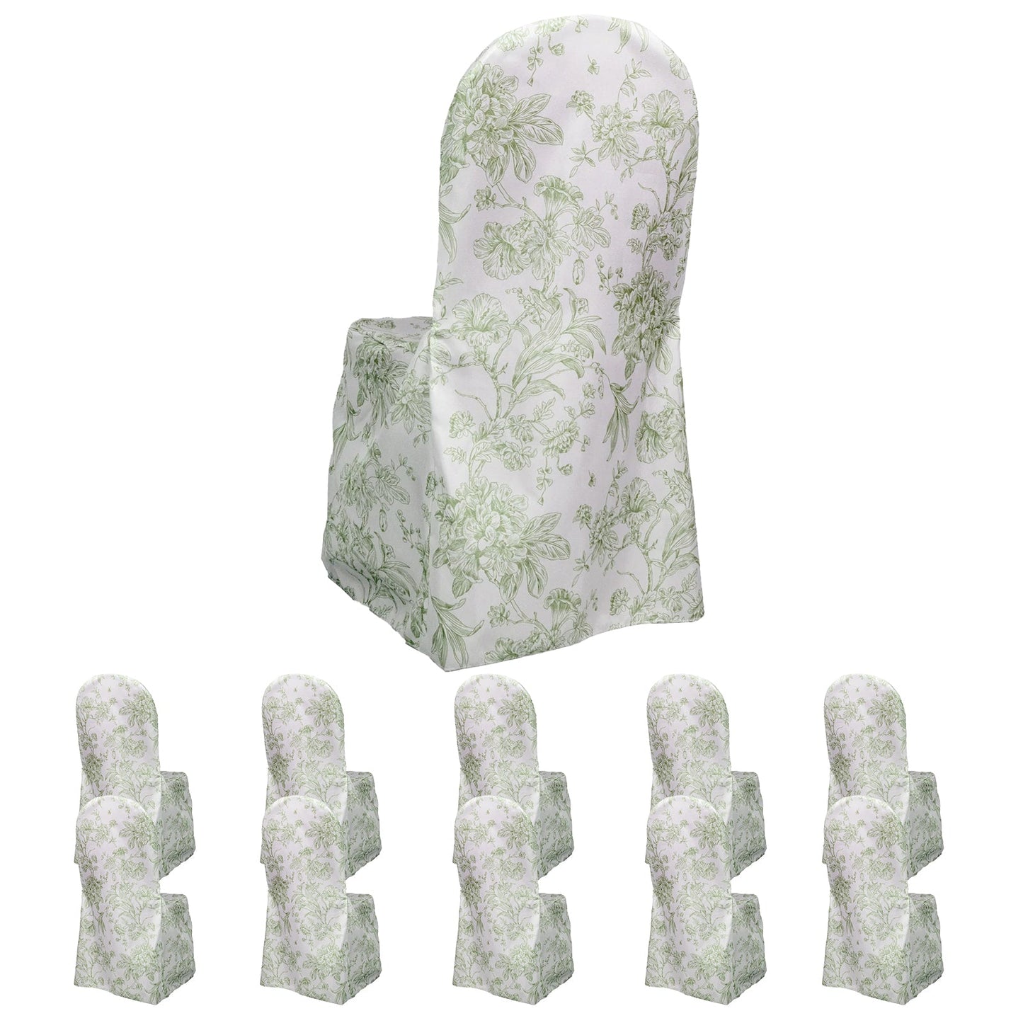 10 Pack Polyester Chair Covers  for Banquet Chairs â€“ White Dusty Sage Green French Toile Pattern, Reusable Stain-Resistant Slip-On Slipcovers