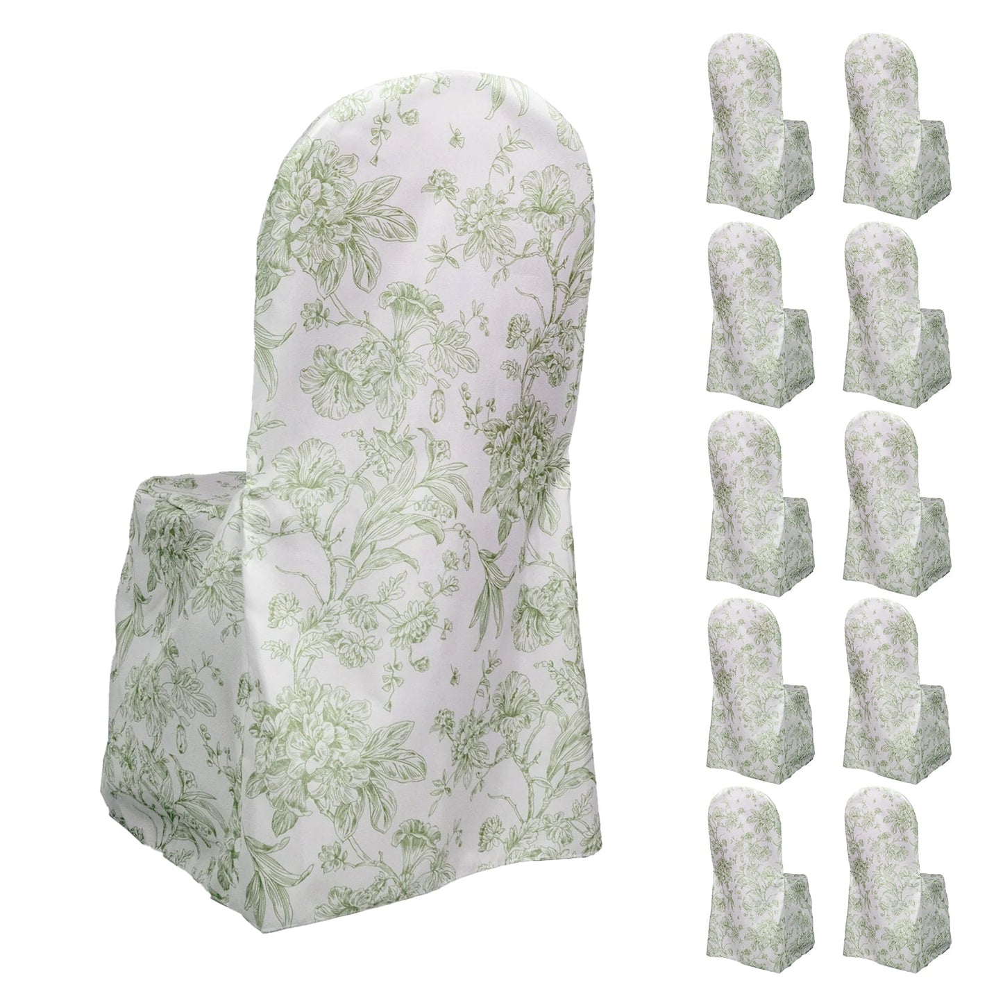 10 Pack Polyester Chair Covers  for Banquet Chairs â€“ White Dusty Sage Green French Toile Pattern, Reusable Stain-Resistant Slip-On Slipcovers