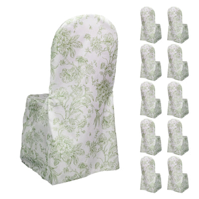 10 Pack Polyester Chair Covers  for Banquet Chairs â€“ White Dusty Sage Green French Toile Pattern, Reusable Stain-Resistant Slip-On Slipcovers