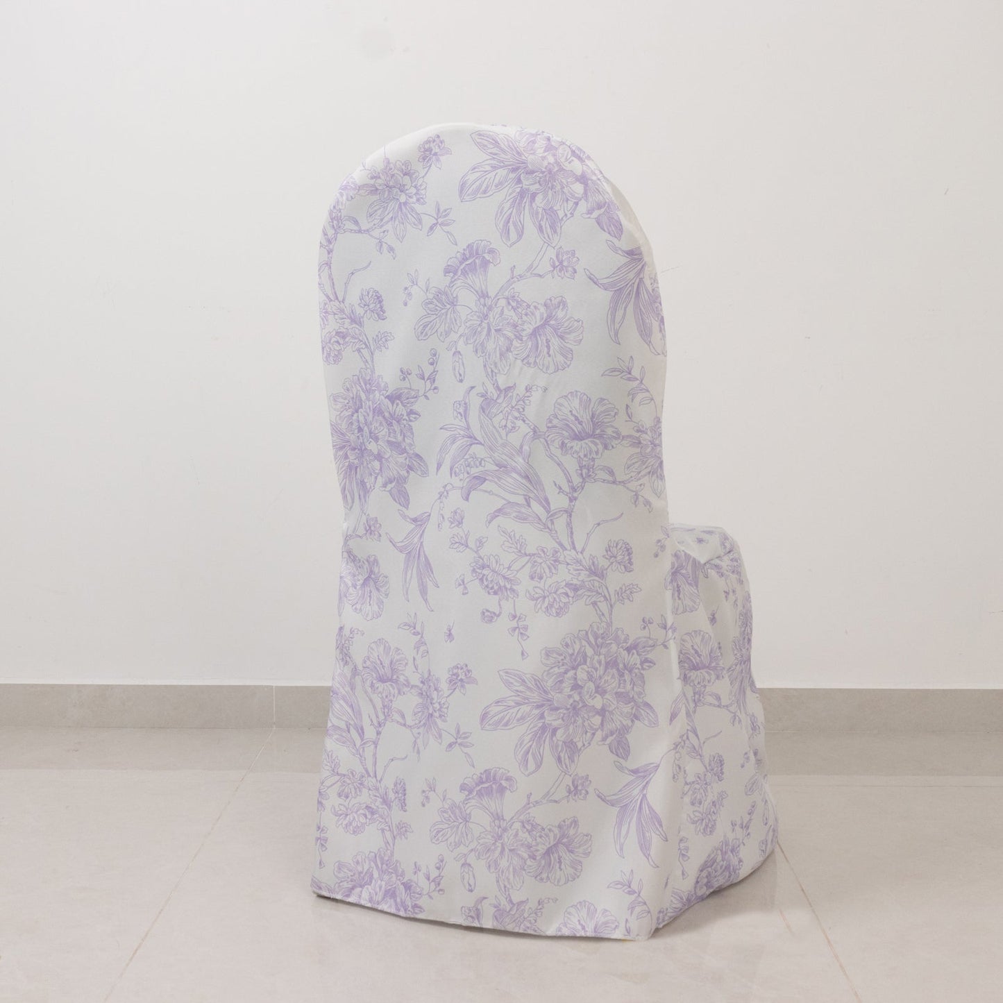 10 Pack Polyester Chair Covers  for Banquet Chairs â€“ White Lavender Lilac French Toile Pattern, Reusable Stain-Resistant Slip-On Slipcovers