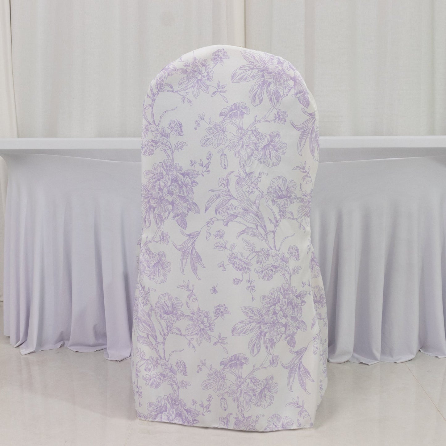 10 Pack Polyester Chair Covers  for Banquet Chairs â€“ White Lavender Lilac French Toile Pattern, Reusable Stain-Resistant Slip-On Slipcovers