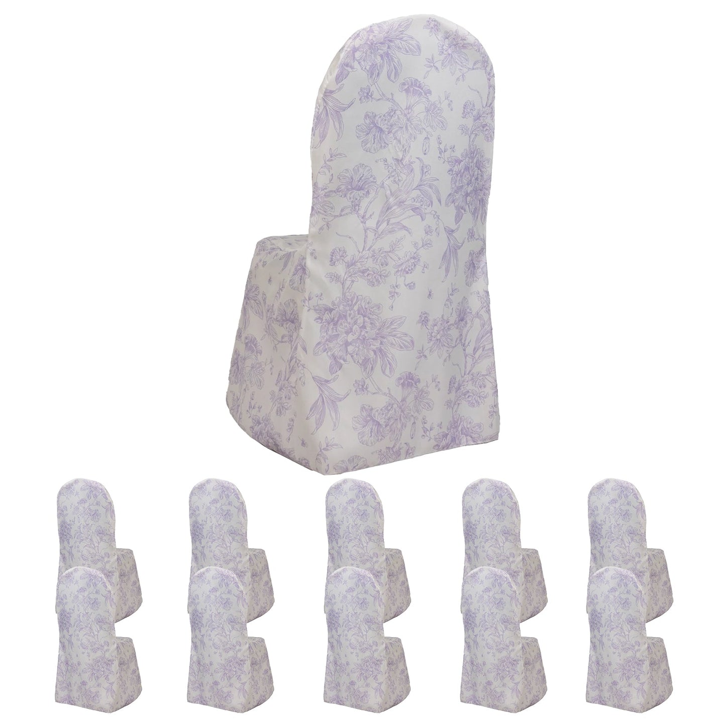 10 Pack Polyester Chair Covers  for Banquet Chairs â€“ White Lavender Lilac French Toile Pattern, Reusable Stain-Resistant Slip-On Slipcovers