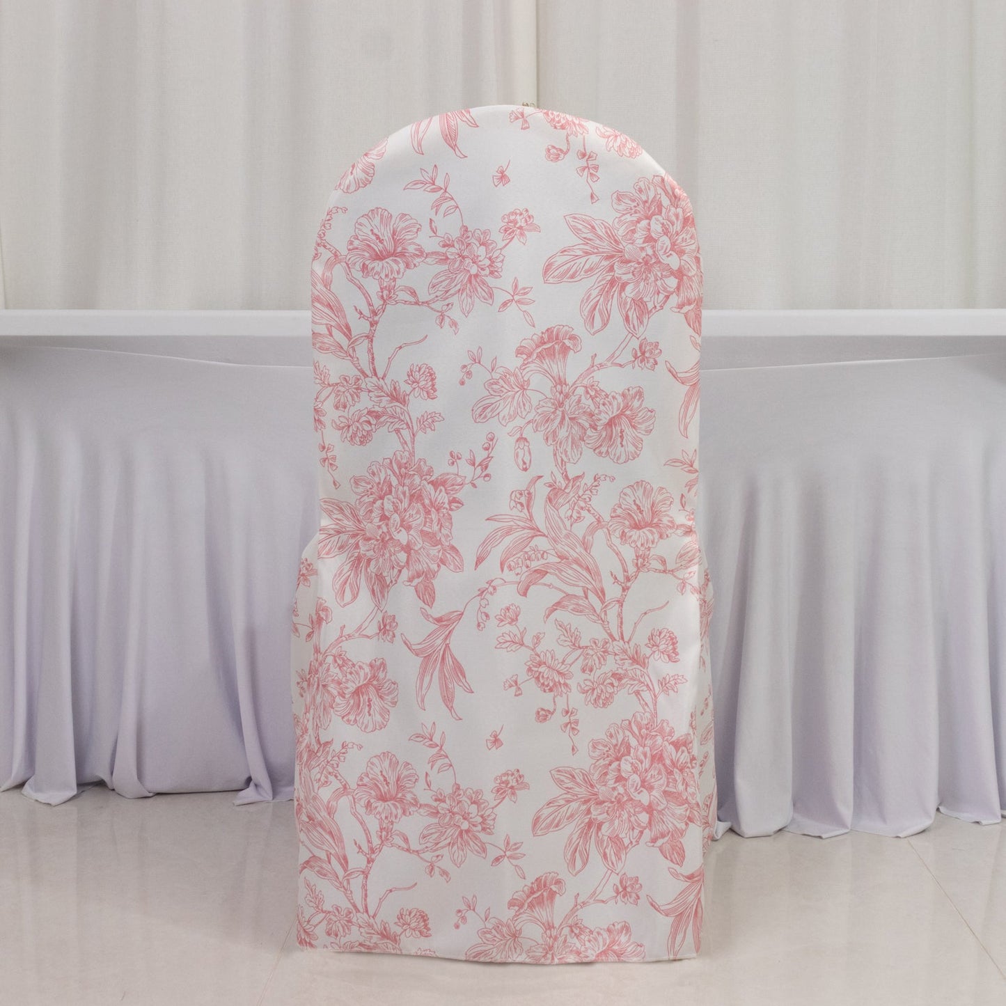 10 Pack Polyester Chair Covers  for Banquet Chairs â€“ White Pink French Toile Pattern, Reusable Stain-Resistant Slip-On Slipcovers
