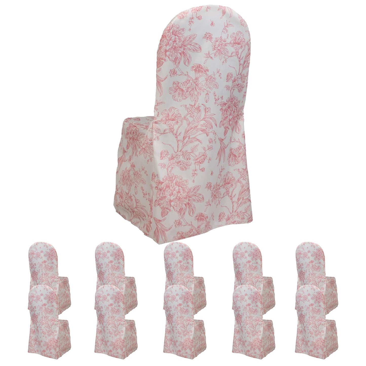10 Pack Polyester Chair Covers  for Banquet Chairs â€“ White Pink French Toile Pattern, Reusable Stain-Resistant Slip-On Slipcovers