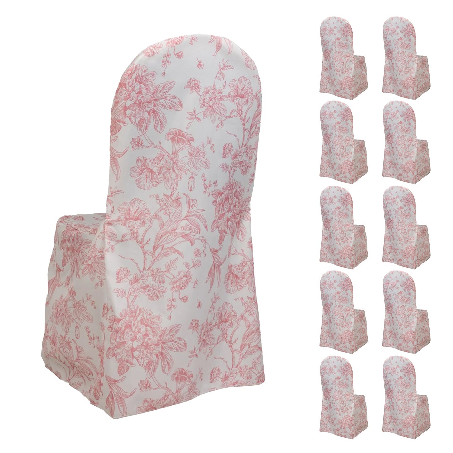 10 Pack Polyester Chair Covers  for Banquet Chairs â€“ White Pink French Toile Pattern, Reusable Stain-Resistant Slip-On Slipcovers