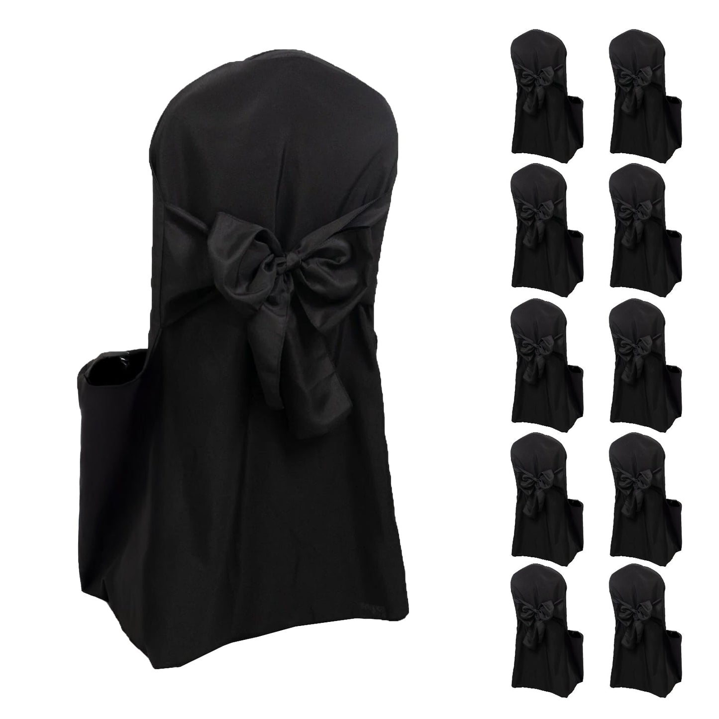 10-Pack Polyester Slip-On Banquet Chair Covers with Attached Sashes â€“ Black Reusable Stain-Resistant Covers for Wedding & Event Decor