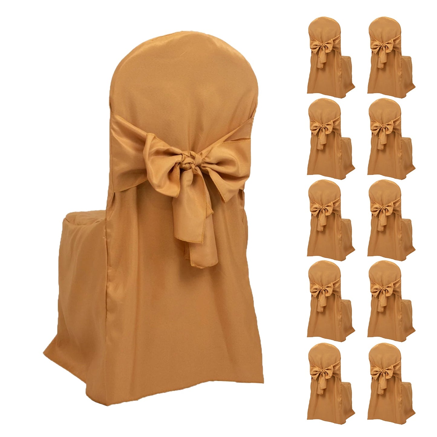 10-Pack Polyester Slip-On Banquet Chair Covers with Attached Sashes â€“ Gold Reusable Stain-Resistant Covers for Wedding & Event Decor