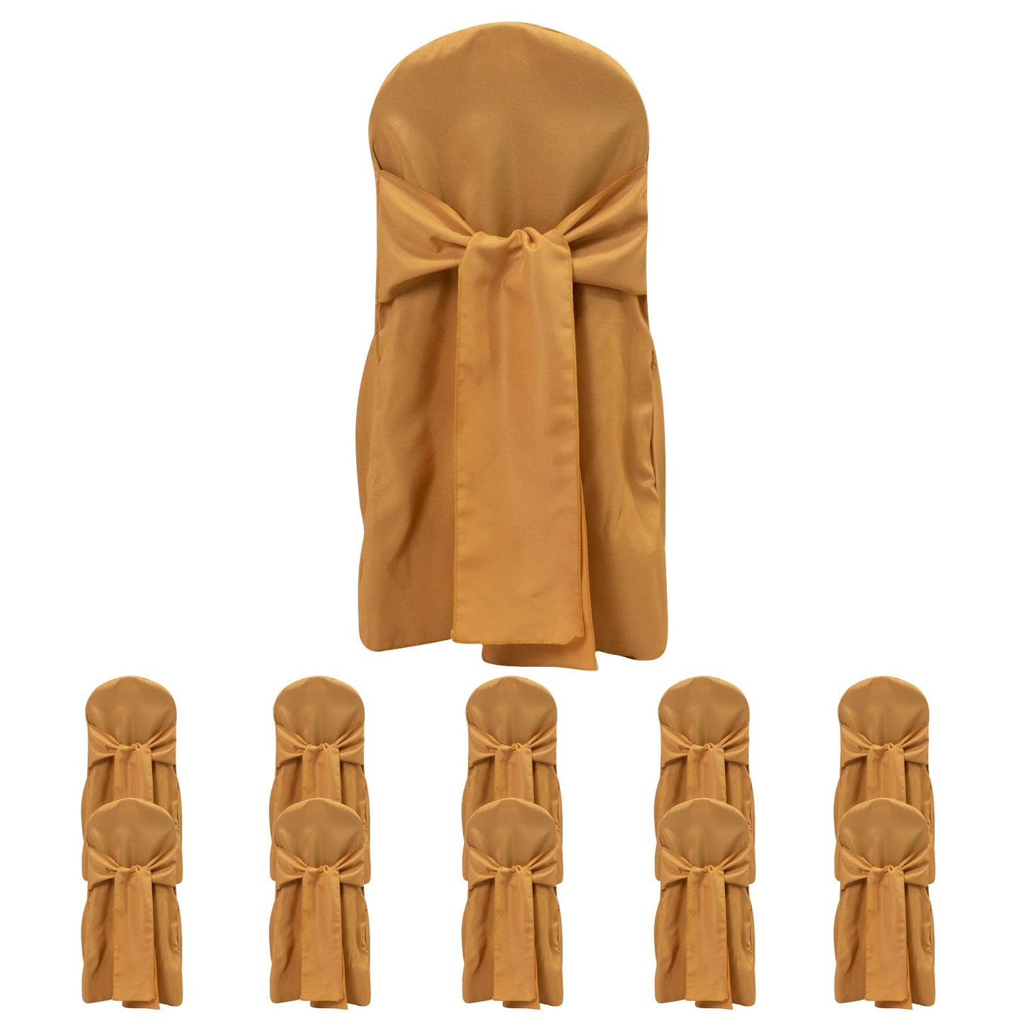 10-Pack Polyester Slip-On Banquet Chair Covers with Attached Sashes â€“ Gold Reusable Stain-Resistant Covers for Wedding & Event Decor