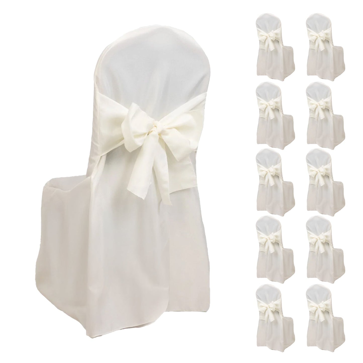 10-Pack Polyester Slip-On Banquet Chair Covers with Attached Sashes â€“ Ivory Reusable Stain-Resistant Covers for Wedding & Event Decor