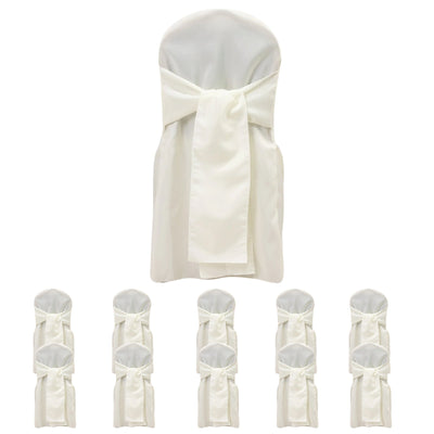 10-Pack Polyester Slip-On Banquet Chair Covers with Attached Sashes â€“ Ivory Reusable Stain-Resistant Covers for Wedding & Event Decor