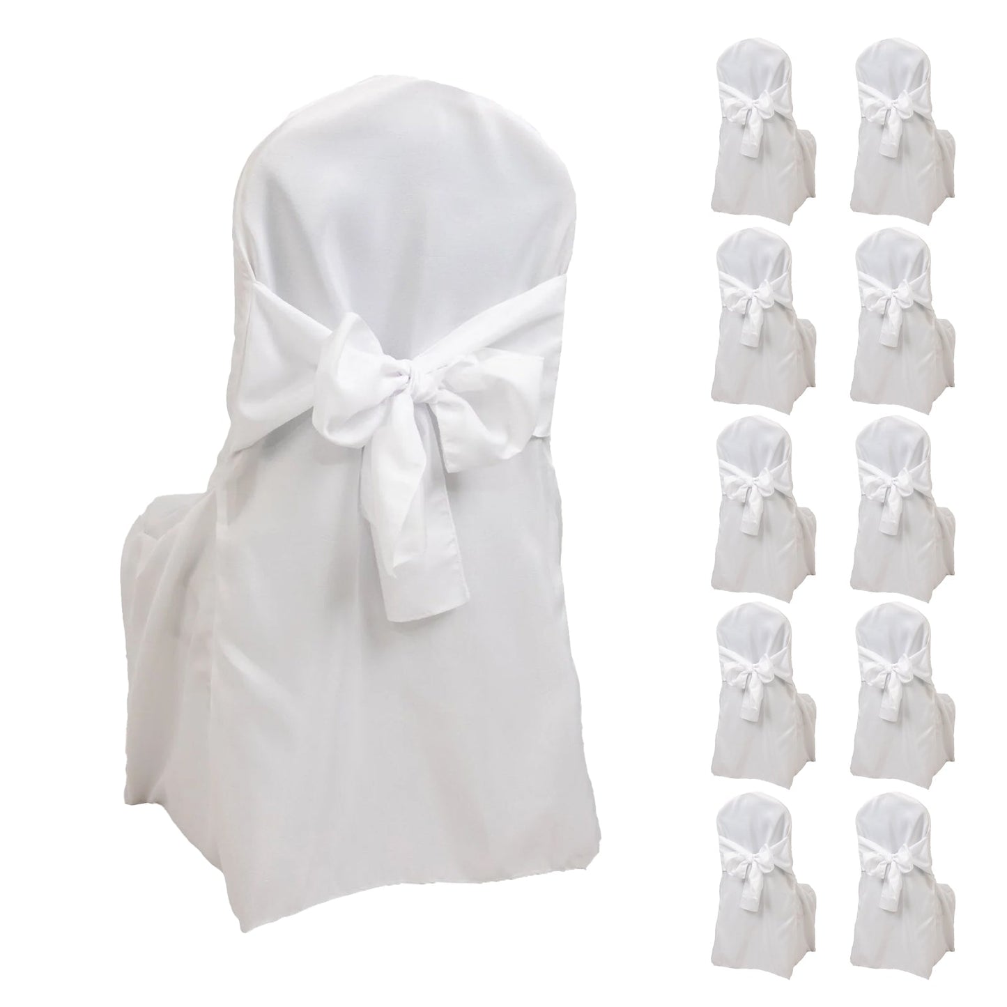 10-Pack Polyester Slip-On Banquet Chair Covers with Attached Sashes â€“ White Reusable Stain-Resistant Covers for Wedding & Event Decor