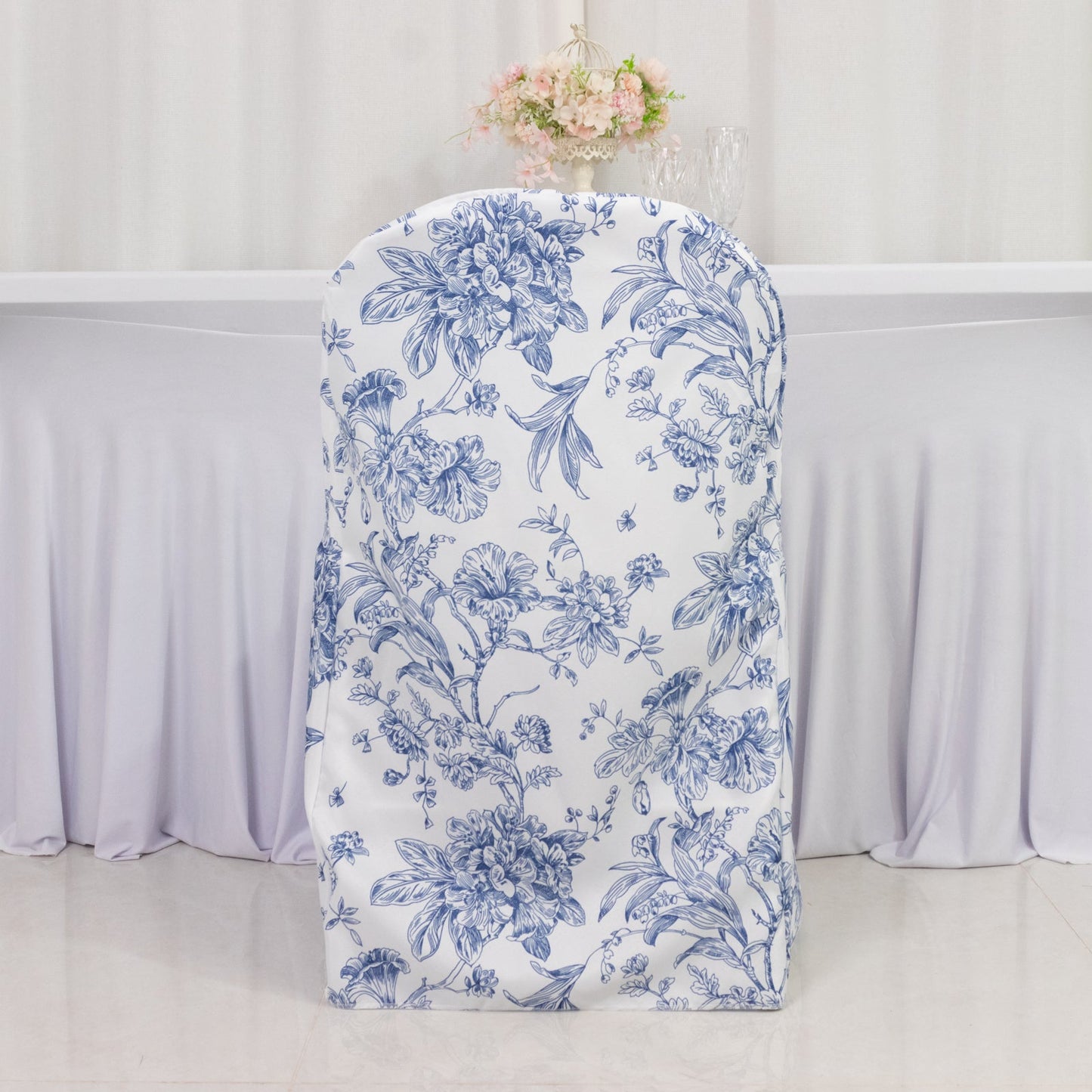 10 Pack Polyester Chair Covers for Folding Chairs â€“ White Blue French Toile Pattern, Reusable Stain-Resistant Slip-On Slipcovers