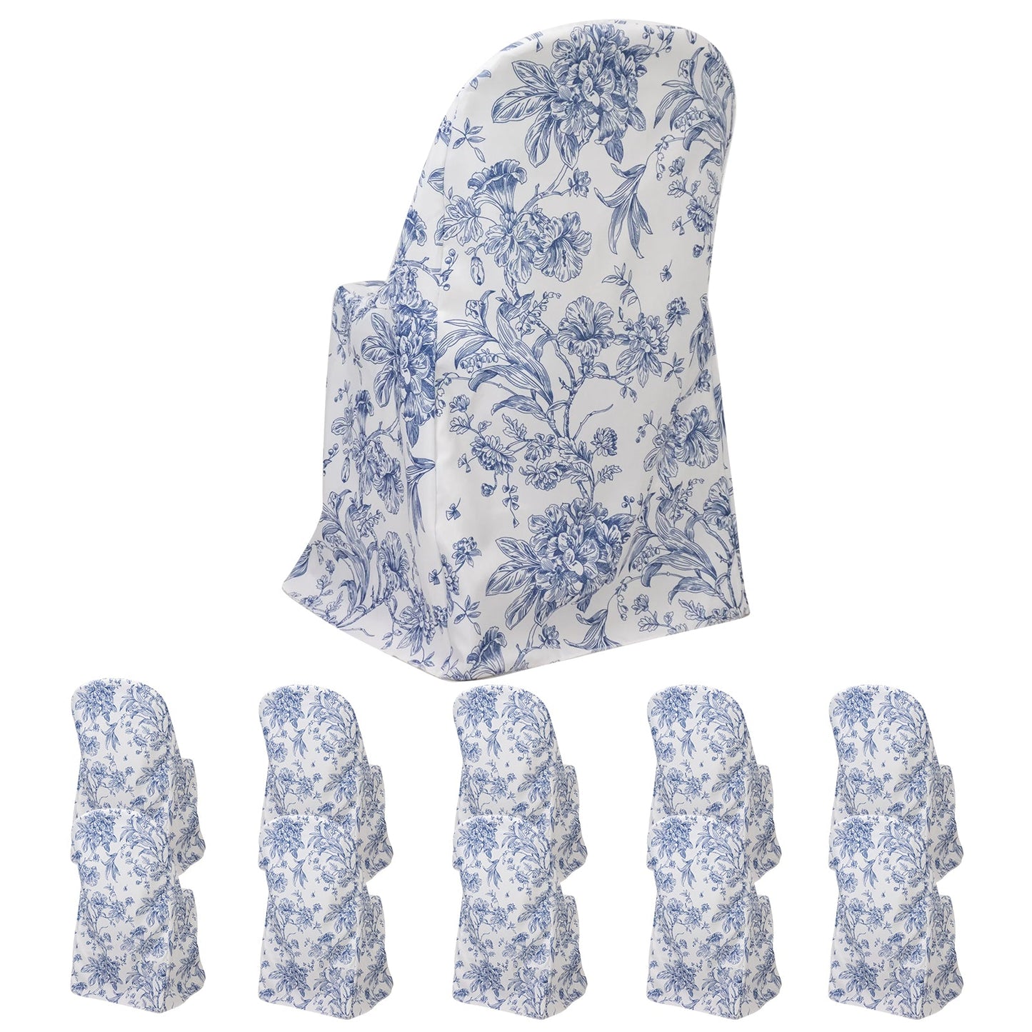 10 Pack Polyester Chair Covers for Folding Chairs â€“ White Blue French Toile Pattern, Reusable Stain-Resistant Slip-On Slipcovers