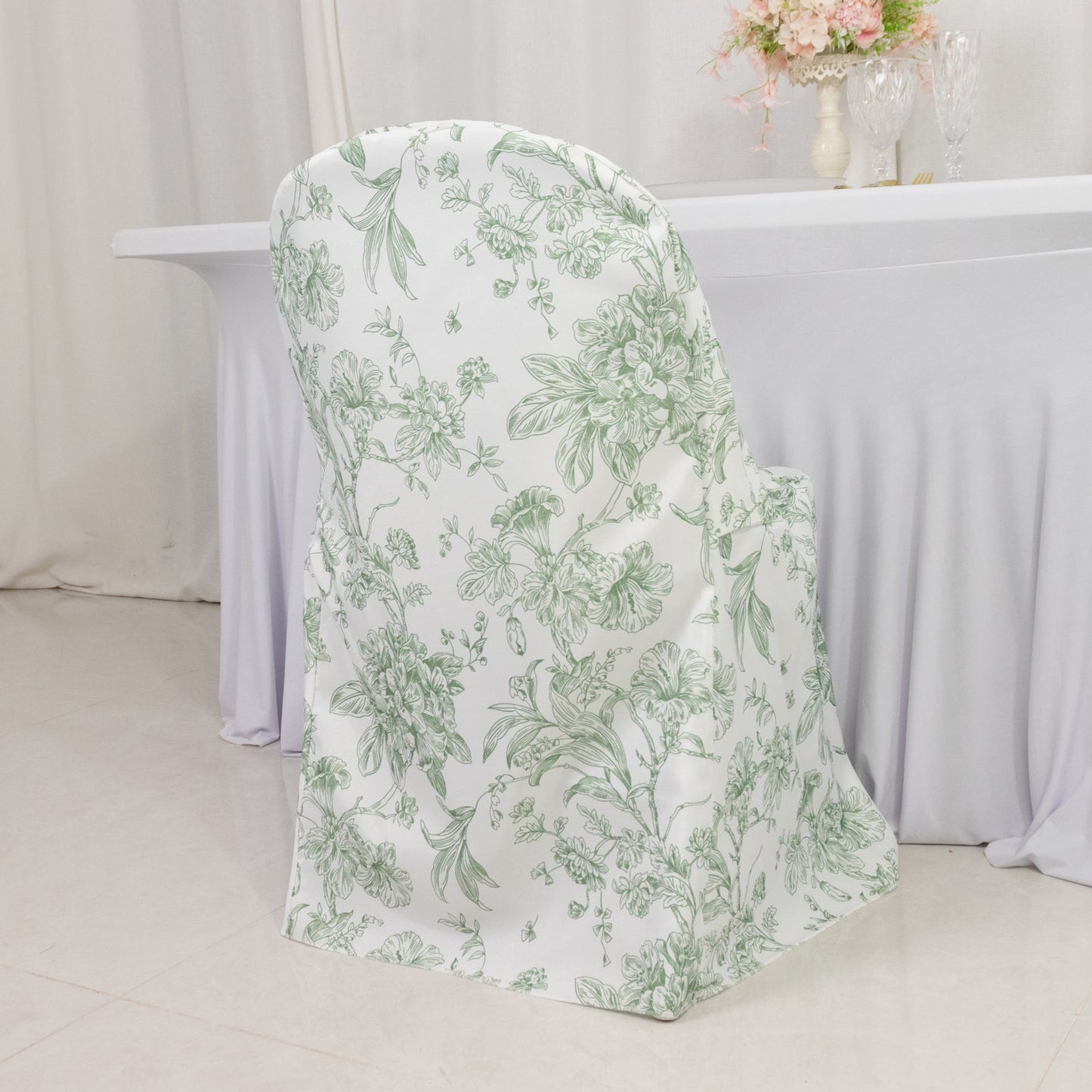 10 Pack Polyester Chair Covers for Folding Chairs â€“ White Dusty Sage Green French Toile Pattern, Reusable Stain-Resistant Slip-On Slipcovers
