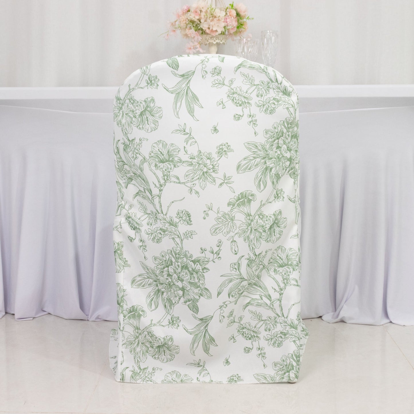 10 Pack Polyester Chair Covers for Folding Chairs â€“ White Dusty Sage Green French Toile Pattern, Reusable Stain-Resistant Slip-On Slipcovers