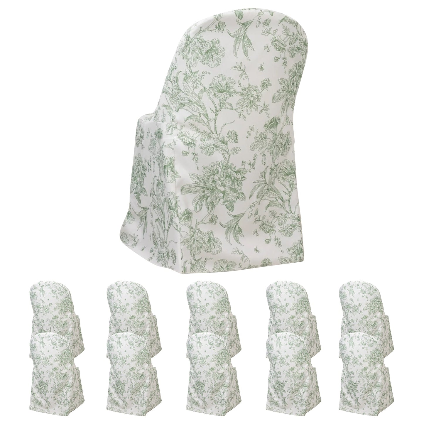 10 Pack Polyester Chair Covers for Folding Chairs â€“ White Dusty Sage Green French Toile Pattern, Reusable Stain-Resistant Slip-On Slipcovers
