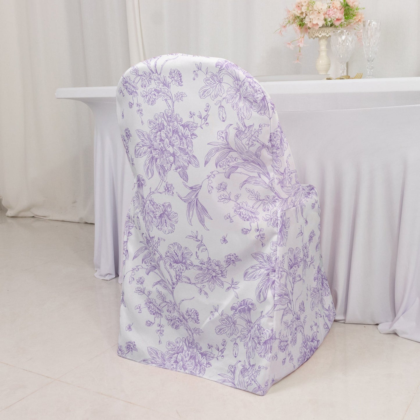 10 Pack Polyester Chair Covers for Folding Chairs â€“ White Lavender Lilac French Toile Pattern, Reusable Stain-Resistant Slip-On Slipcovers