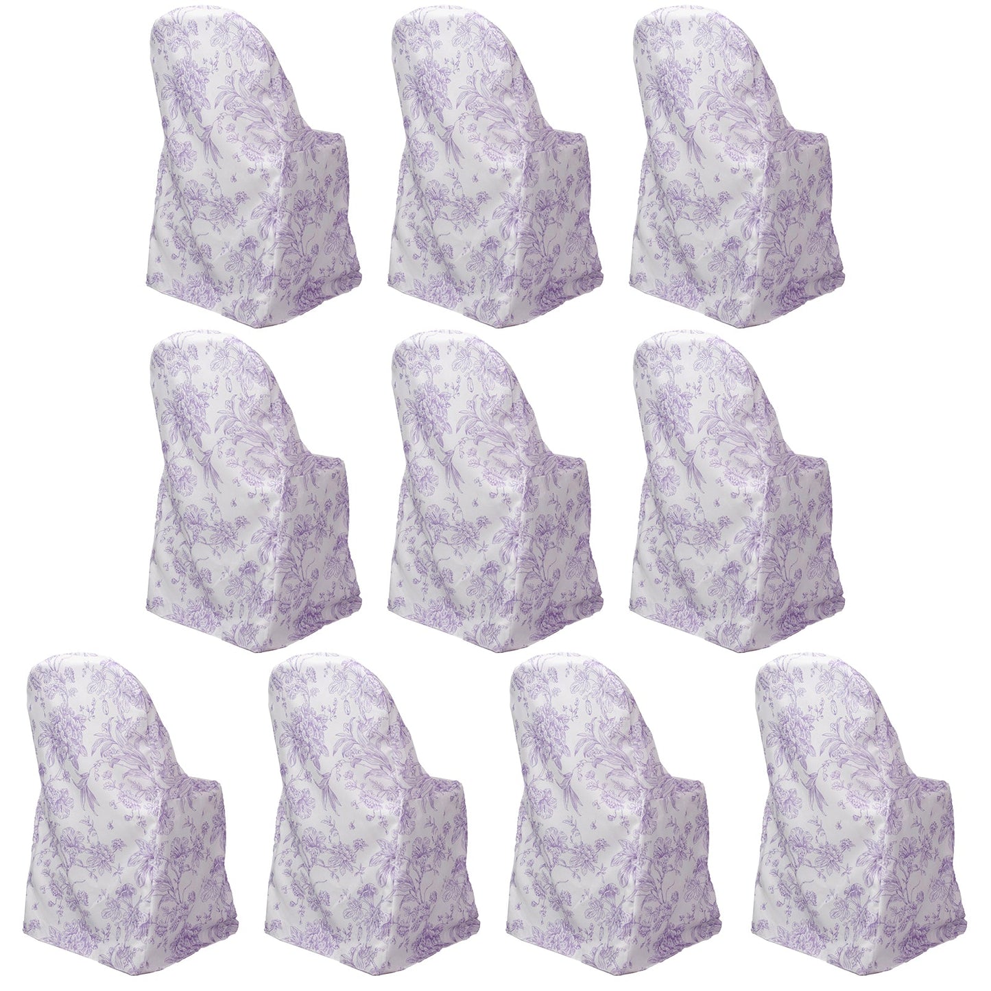 10 Pack Polyester Chair Covers for Folding Chairs â€“ White Lavender Lilac French Toile Pattern, Reusable Stain-Resistant Slip-On Slipcovers