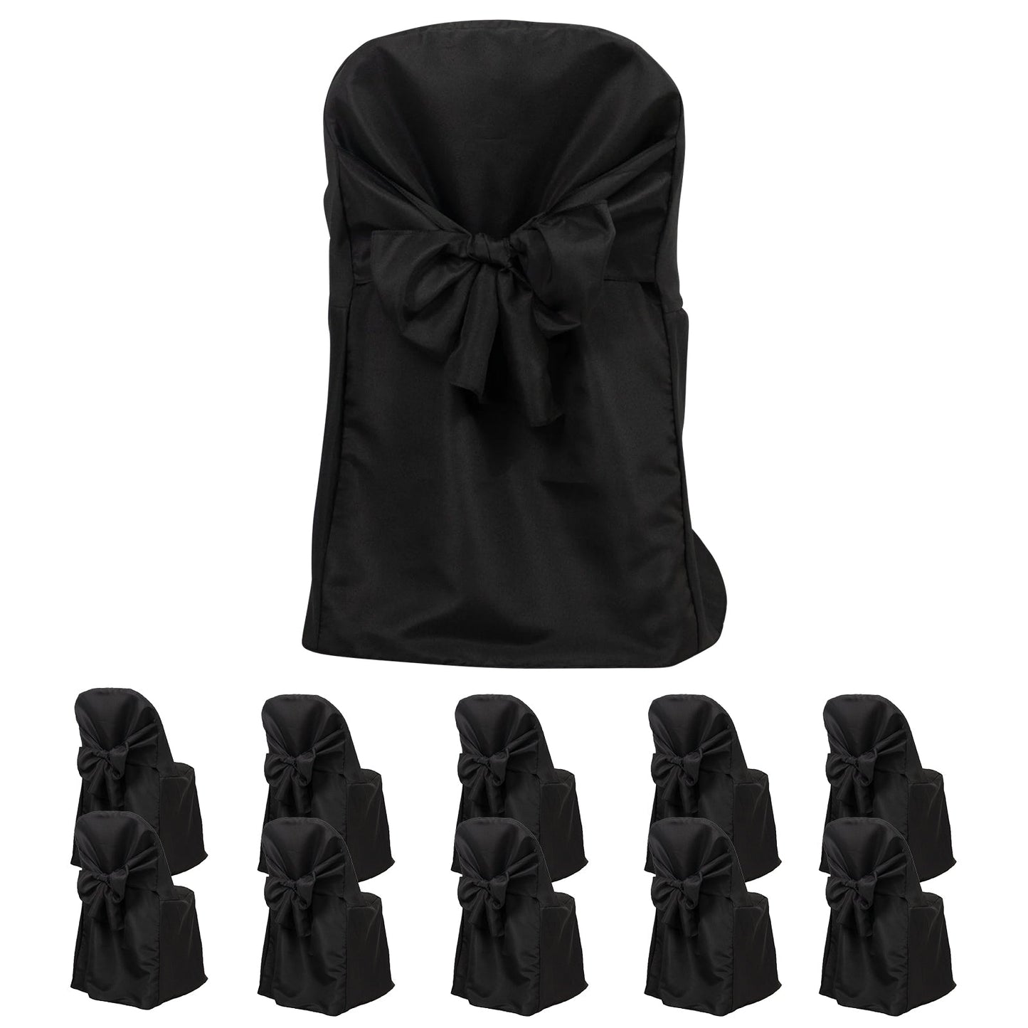 10-Pack Polyester Slip-On Folding Chair Covers with Attached Sashes â€“ Black Durable Reusable Covers for Wedding & Event Decor