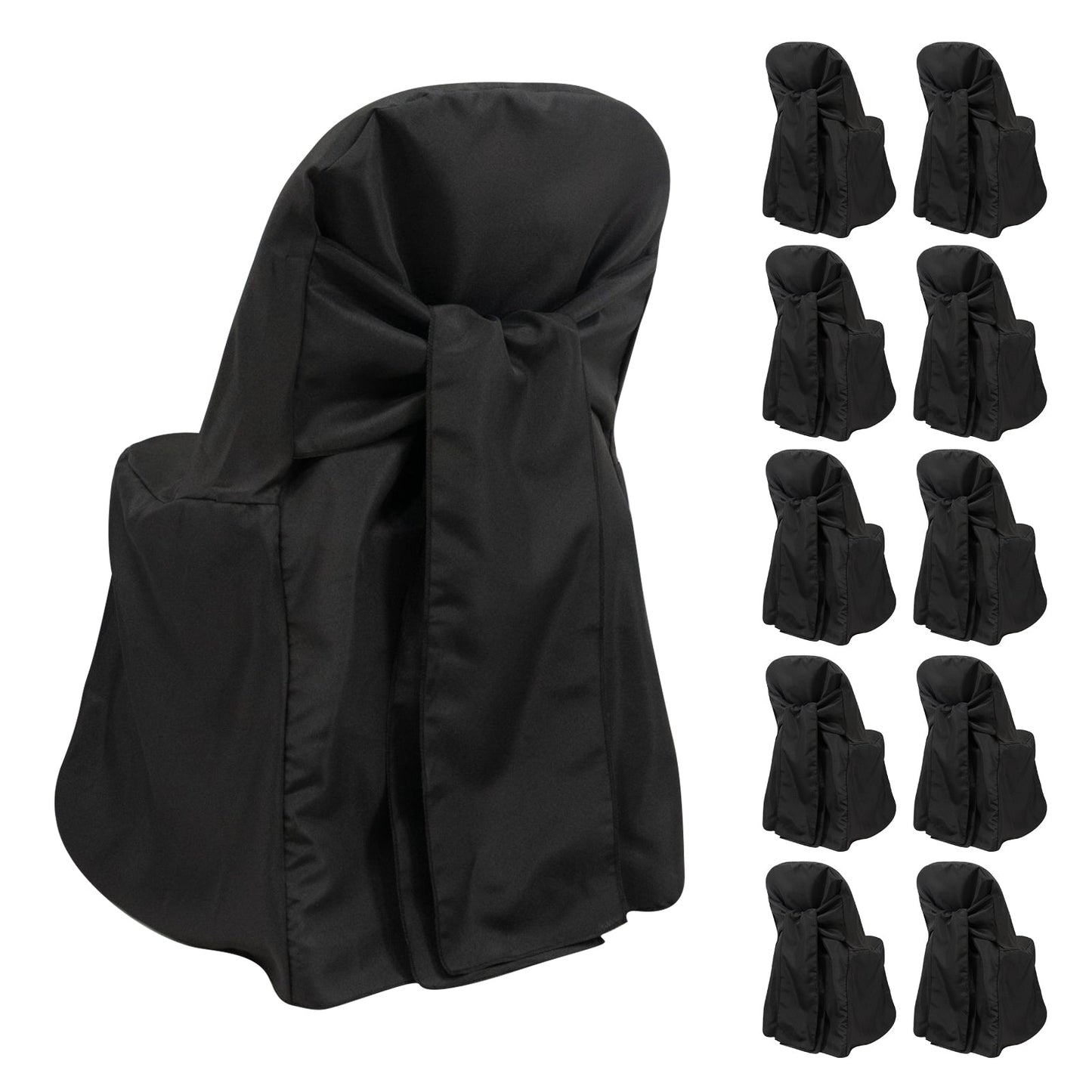 10-Pack Polyester Slip-On Folding Chair Covers with Attached Sashes â€“ Black Durable Reusable Covers for Wedding & Event Decor