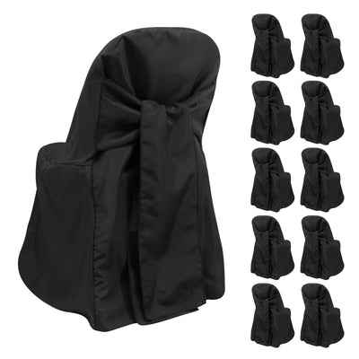 10-Pack Polyester Slip-On Folding Chair Covers with Attached Sashes â€“ Black Durable Reusable Covers for Wedding & Event Decor