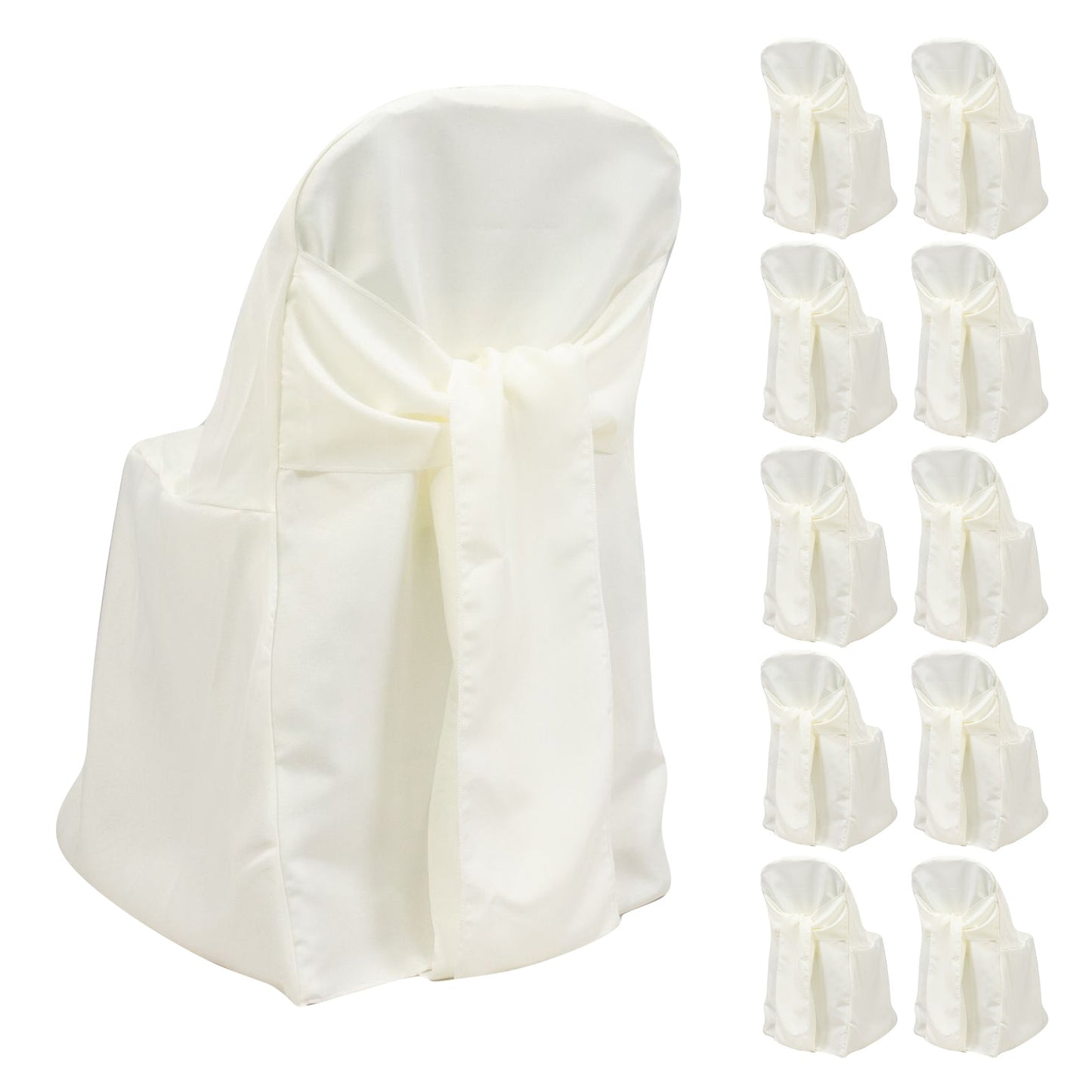 10-Pack Polyester Slip-On Folding Chair Covers with Attached Sashes â€“ Ivory Durable Reusable Covers for Wedding & Event Decor