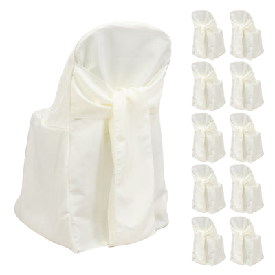 10-Pack Polyester Slip-On Folding Chair Covers with Attached Sashes â€“ Ivory Durable Reusable Covers for Wedding & Event Decor