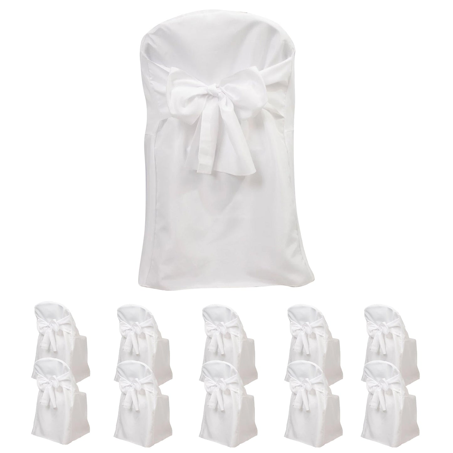 10-Pack Polyester Slip-On Folding Chair Covers with Attached Sashes â€“ White Durable Reusable Covers for Wedding & Event Decor