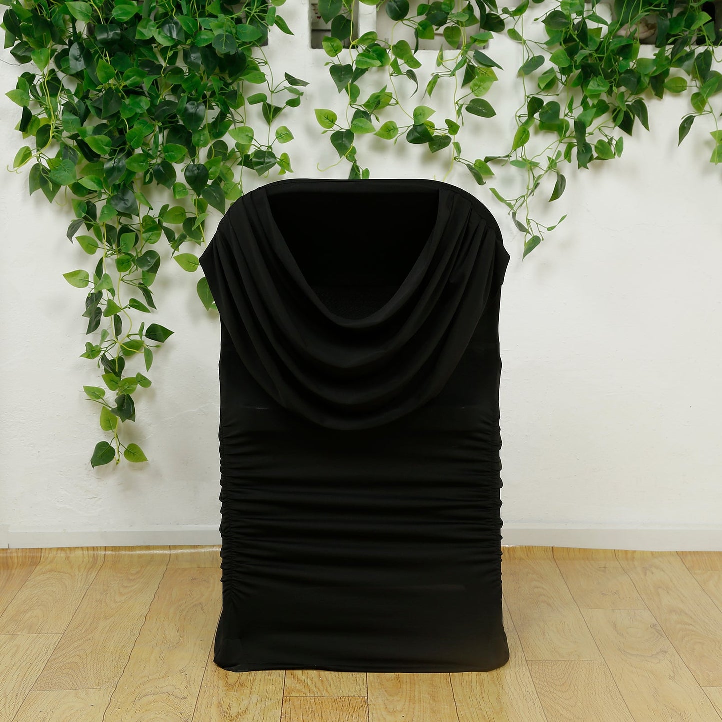 Spandex Folding Chair Cover Black with Ruched Swag Back and Foot Pockets â€“ Fitted Stretch Slipcover