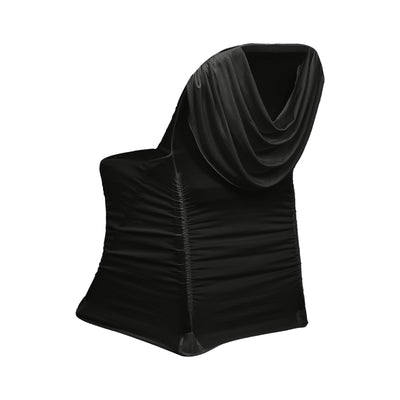Spandex Folding Chair Cover Black with Ruched Swag Back and Foot Pockets â€“ Fitted Stretch Slipcover