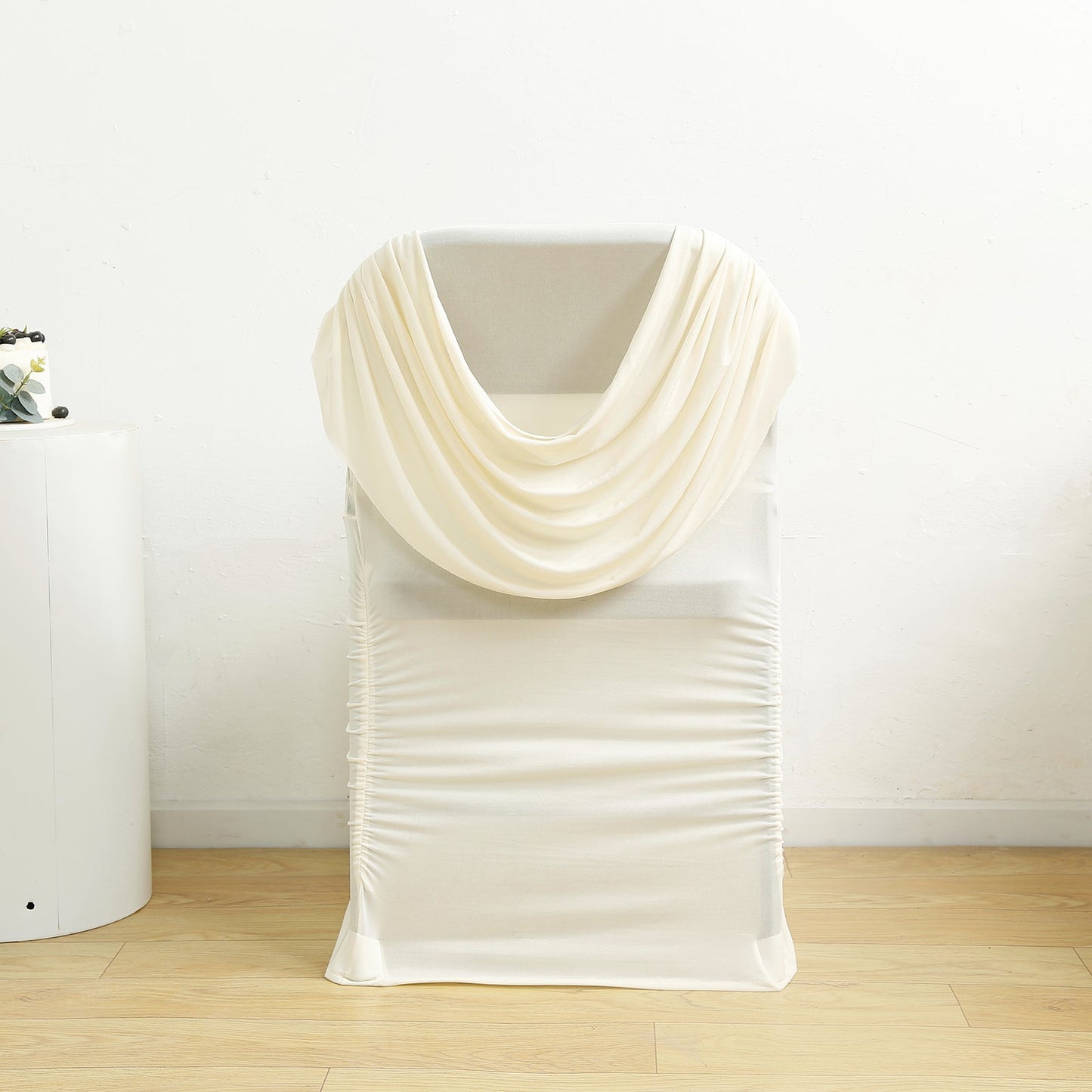 Spandex Folding Chair Cover Ivory with Ruched Swag Back and Foot Pockets â€“ Fitted Stretch Slipcover