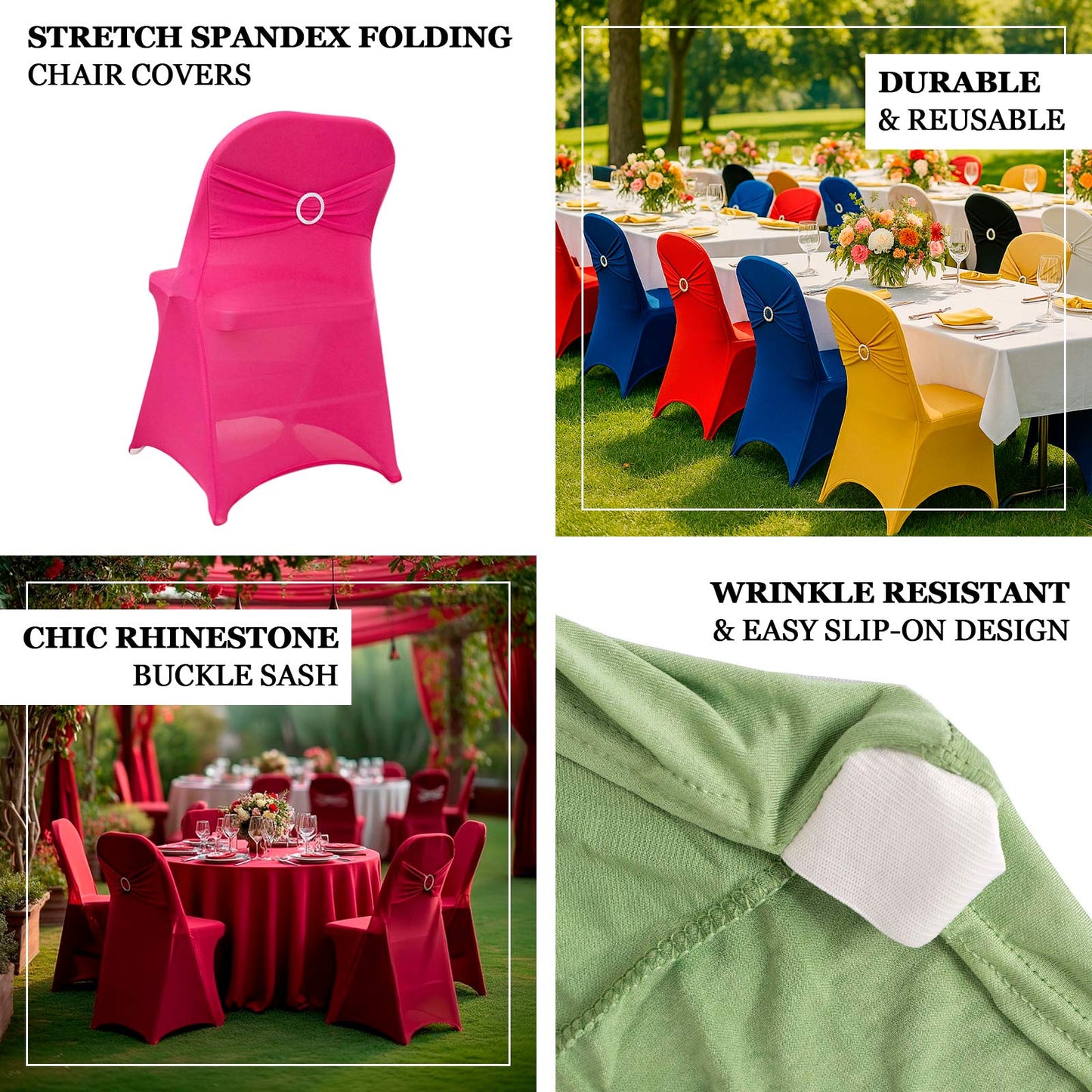 Stretch Spandex Chair Cover Red for Folding Chairs - Secure Fit Slipcover with Silver Rhinestone Buckled Sash Band