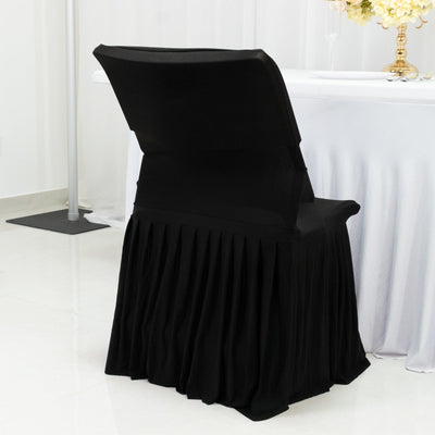 Black Spandex Pleated Lifetime Folding Chair Cover â€“ Stretch Slipcover with Floor-Length Skirt, Also Fits Standard Chairs