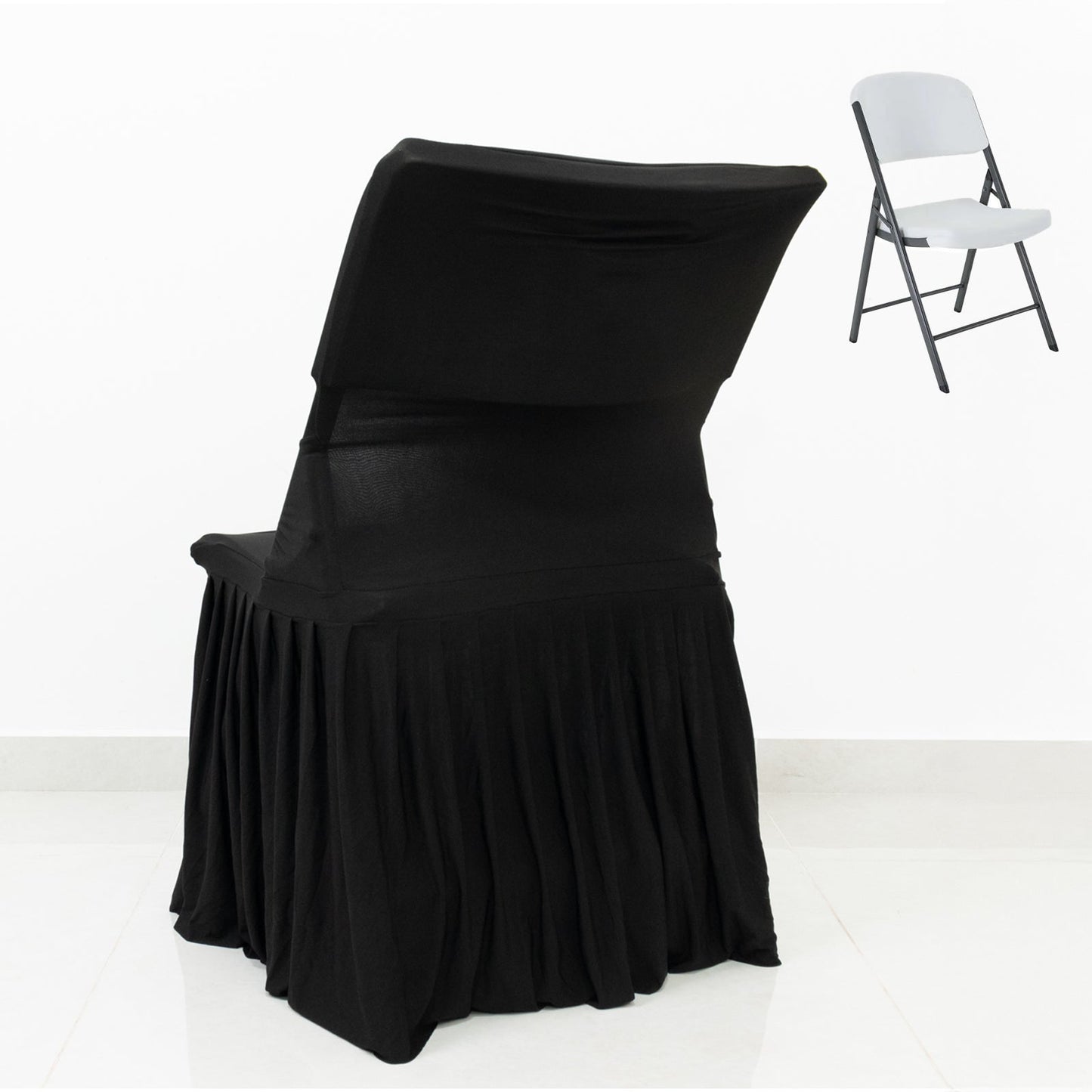 Black Spandex Pleated Lifetime Folding Chair Cover â€“ Stretch Slipcover with Floor-Length Skirt, Also Fits Standard Chairs