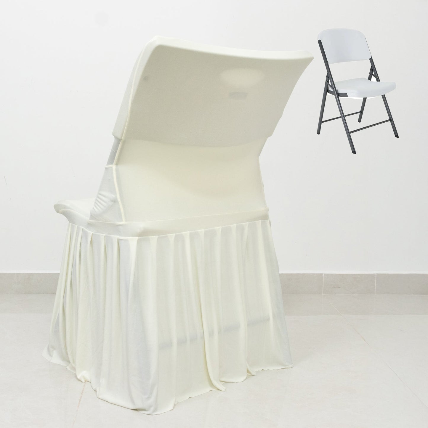 Ivory Spandex Pleated Lifetime Folding Chair Cover â€“ Stretch Slipcover with Floor-Length Skirt, Also Fits Standard Chairs
