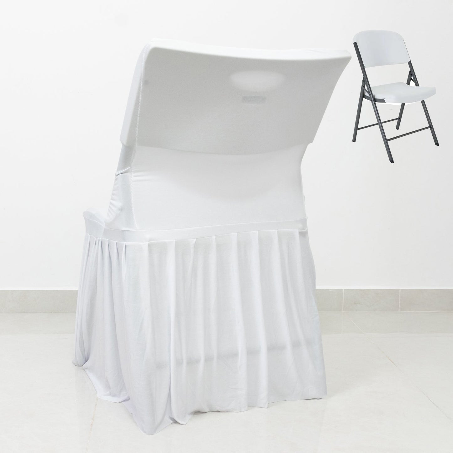 White Spandex Pleated Lifetime Folding Chair Cover â€“ Stretch Slipcover with Floor-Length Skirt, Also Fits Standard Chairs